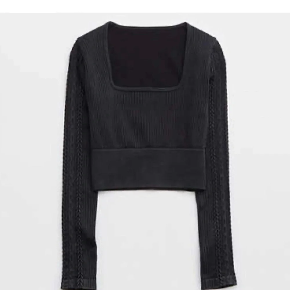 Offline By Aerie Seamless Cable Square Neck Ribbed Top Shirt Black NEW Womens XL - Picture 2 of 15